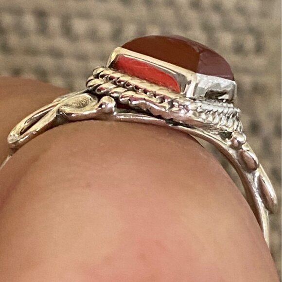 Ring Size 8 Red Orange Carnelian Diamond Cabochon Smooth Sterling Silver 925 Wom - Picture 3 of 8